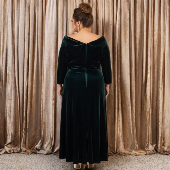Unique Vintage Off Shoulder Velvet Maxi Dress 3/4 Sleeve Holiday Midi Party Gown - Picture 5 of 12